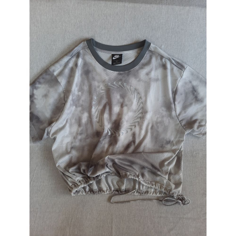 Nike Women 1X Swoosh Art Logo Drawstring Bottom Hem Jersey Mesh Tops ShortSleeve
